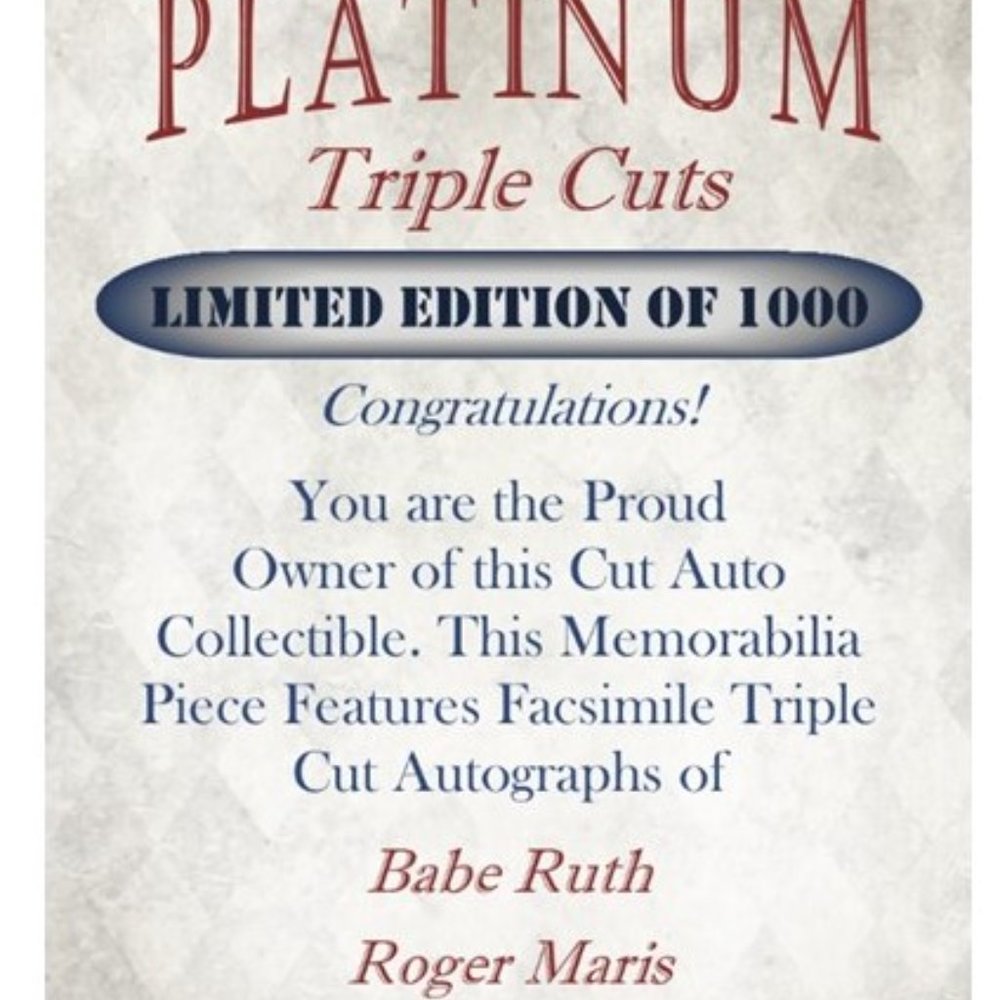 Babe Ruth Roger Maris Aaron Judge Platinum Triple Cuts facsimile auto 1000 made - Picture 2 of 2